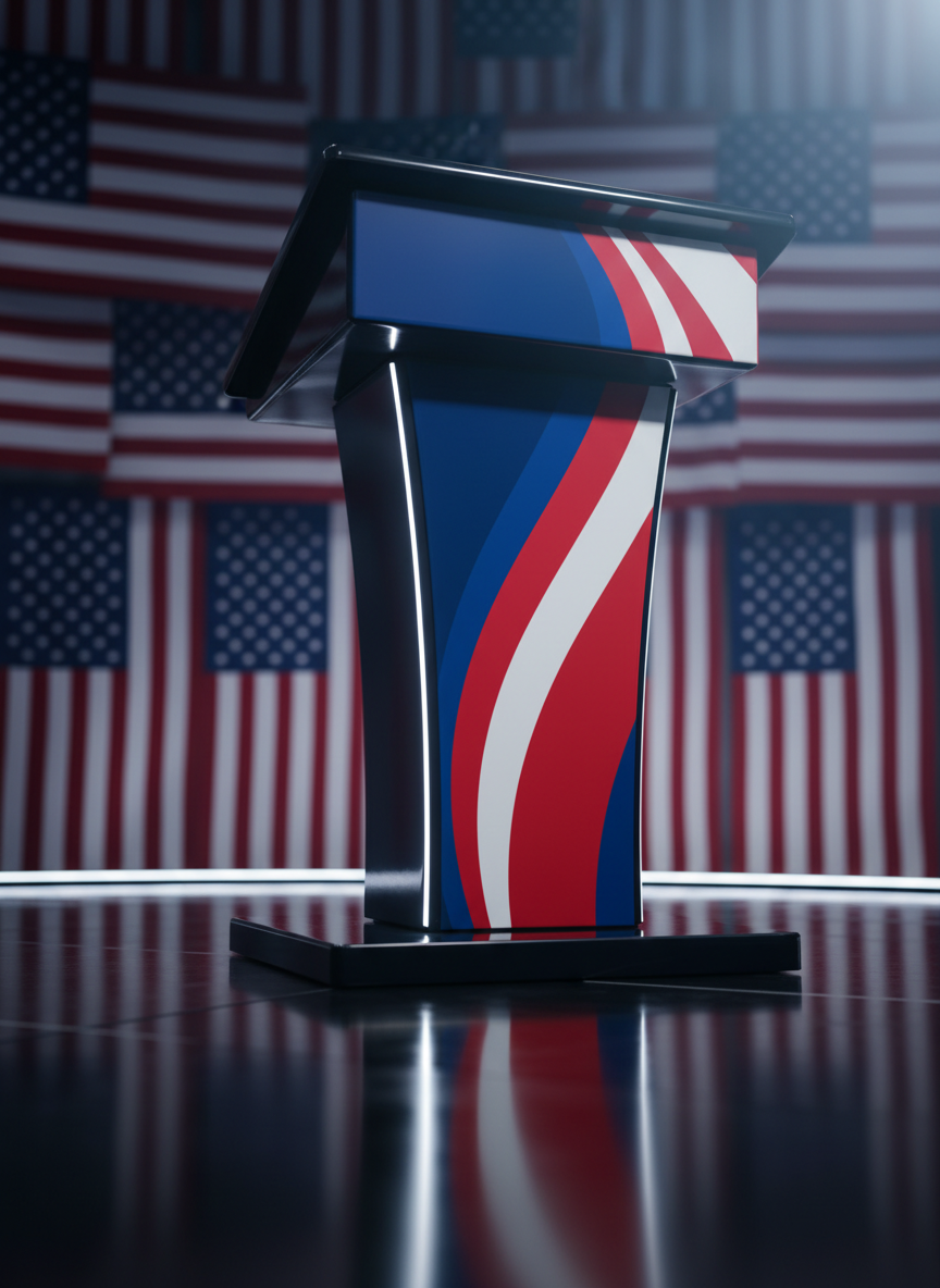 A close-up, photographic view of a glossy campaign podium emblazoned only with abstract red, white, and blue stripes forming a dynamic upward arrow shape, avoiding any readable text. The podium stands on a dark, reflective stage floor that mirrors the bold colors. Behind it, a wall of slightly out-of-focus American flags forms a rhythmic pattern of stars and stripes. Cool, focused front lighting creates crisp reflections and sharp edges, while subtle rim lighting separates the podium from the background. Shot from a low, dramatic angle to convey power and determination, the mood is unapologetically bold and patriotic, ideal for a modern Republican 2028 campaign visual.