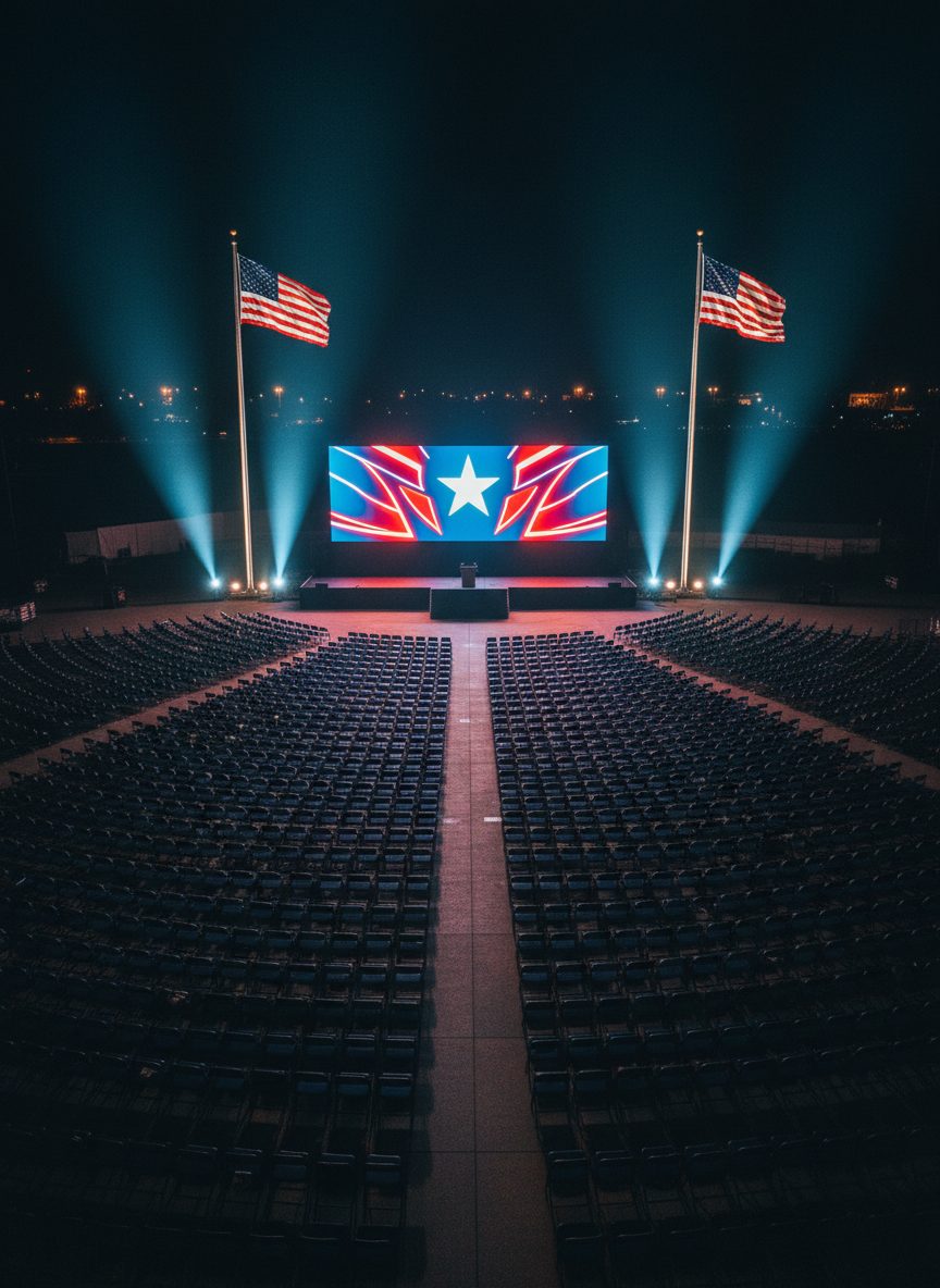 A sweeping, photographic scene of a nighttime outdoor rally space without visible people, filled with neatly arranged rows of empty navy-blue folding chairs facing a massive LED campaign screen. The screen displays an abstract, glowing red and blue eagle emblem with a bright white star at its center, symbolizing a strong conservative ticket. American flags on tall, silver flagpoles flank the screen, illuminated by focused spotlights that cut through a faint haze. The composition uses a slightly elevated angle with strong leading lines from the chairs, creating depth and anticipation. Cool ambient lighting mixed with warm stage lights produces a bold, electrifying atmosphere that feels ready for a historic 2028 announcement.