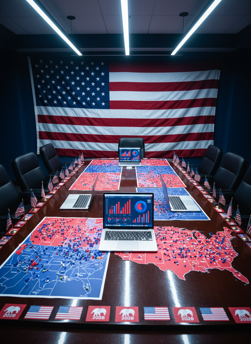 A dramatic, photographic scene of a campaign war room filled only with objects: a large, dark wooden conference table strewn with colorful electoral maps of the United States, red and blue pins clustering over key swing states, and open laptops showing abstracted graph lines and bar charts without readable text. A towering American flag covers one wall, while smaller desk flags add visual rhythm along the table. Overhead, bright, cool-toned LED lights cast sharp, focused illumination, creating crisp edges and reflections on glossy map surfaces. Shot from a slightly elevated angle with strong depth, the image feels strategic, intense, and forward-looking, perfectly capturing the bold, tactical energy of a 2028 Republican presidential campaign operation.